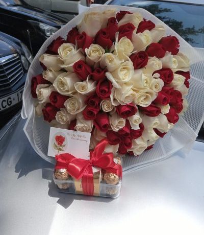 red and white rose bouquet Nairobi,romantic flower delivery Kenya,Ferrero Rocher combo gift,anniversary flowers and chocolate,love bouquet with chocolates,proposal roses Kenya