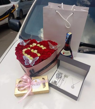 heart rose box gift Kenya,luxury flower and gift combo,wine chocolate and jewelry set,romantic birthday package Nairobi,all-in-one flower gift set,premium rose and accessories gift,red and yellow heart rose bouquet