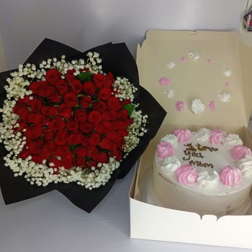 red roses bouquet with cake – “love you mom” gift set