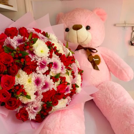 pink love teddy & romantic rose bouquet gift combo