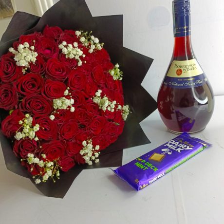romantic red roses, wine & chocolate gift hamper