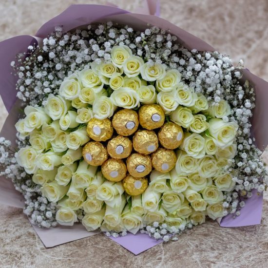 golden bliss white rose & chocolate bouquet