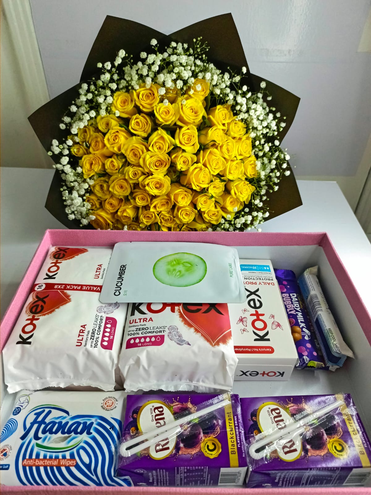 sunshine care & comfort gift hamper with yellow roses