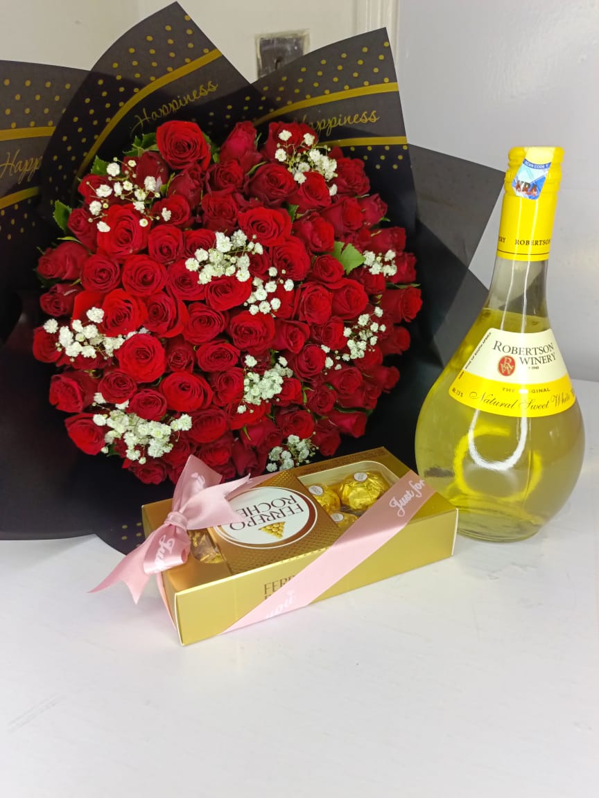 premium red rose, wine & chocolate gift hamper