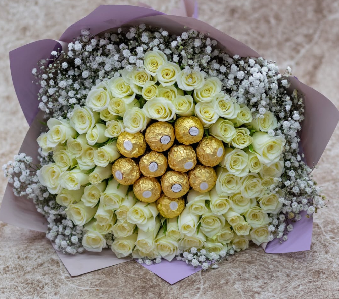 golden bliss white rose & chocolate bouquet